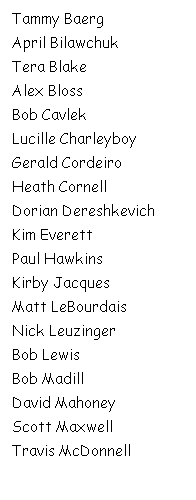 Text Box: Tammy Baerg
April Bilawchuk
Tera Blake
Alex Bloss
Bob Cavlek
Lucille Charleyboy
Gerald Cordeiro
Heath Cornell
Dorian Dereshkevich
Kim Everett
Paul Hawkins
Kirby Jacques
Matt LeBourdais
Nick Leuzinger
Bob Lewis
Bob Madill
David Mahoney
Scott Maxwell
Travis McDonnell
 
