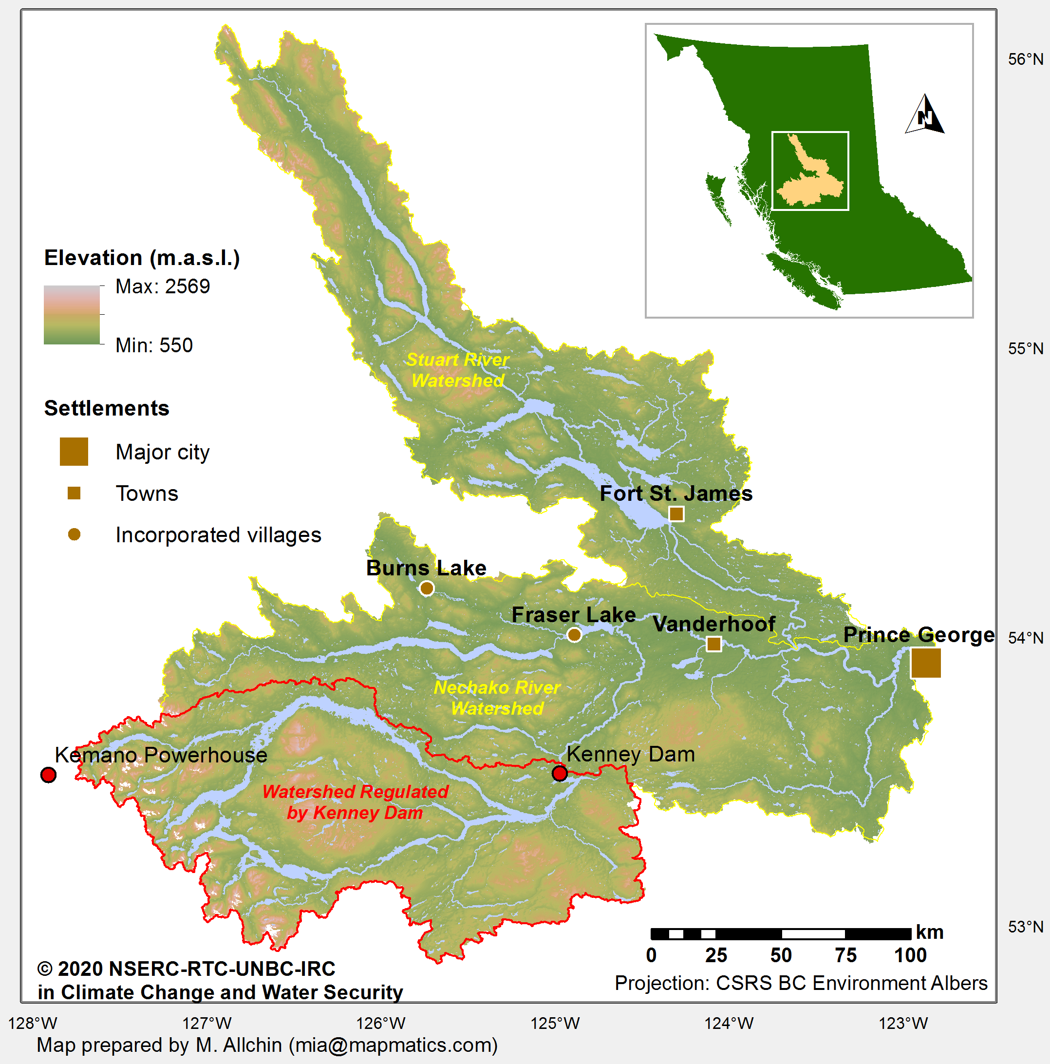 The Nechako Watershed map showing the river basin and surrounding areas